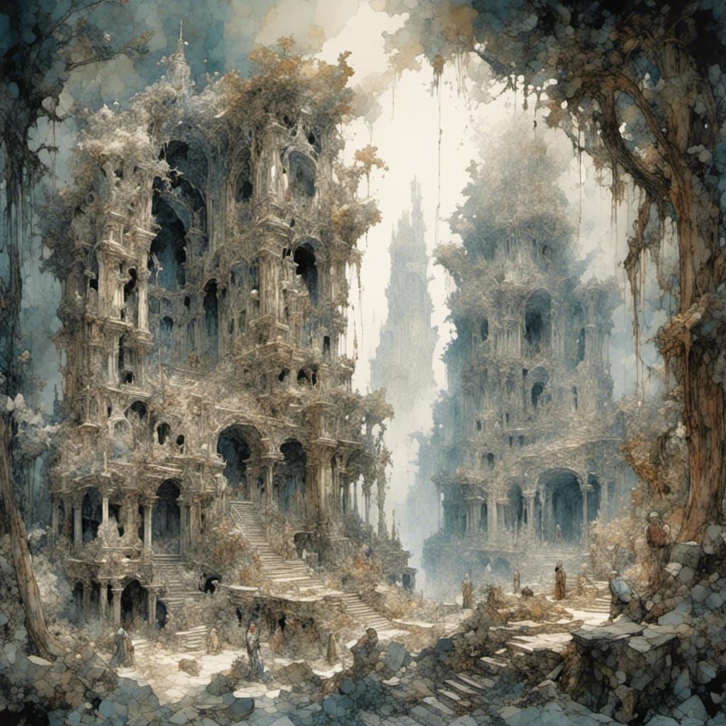 In the depths of an ethereal forest, lies the remnants of a ...