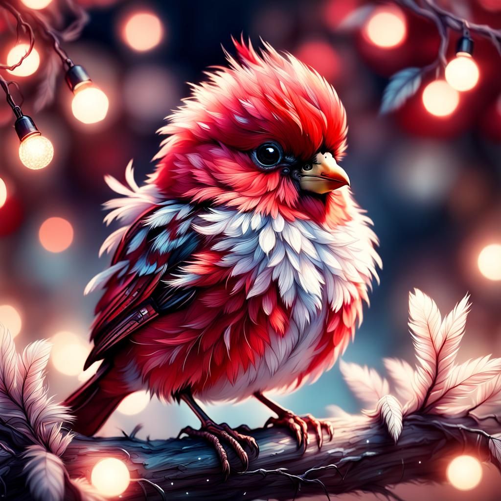 Fluffy Red Bird in Pastel Fantasy Art Style