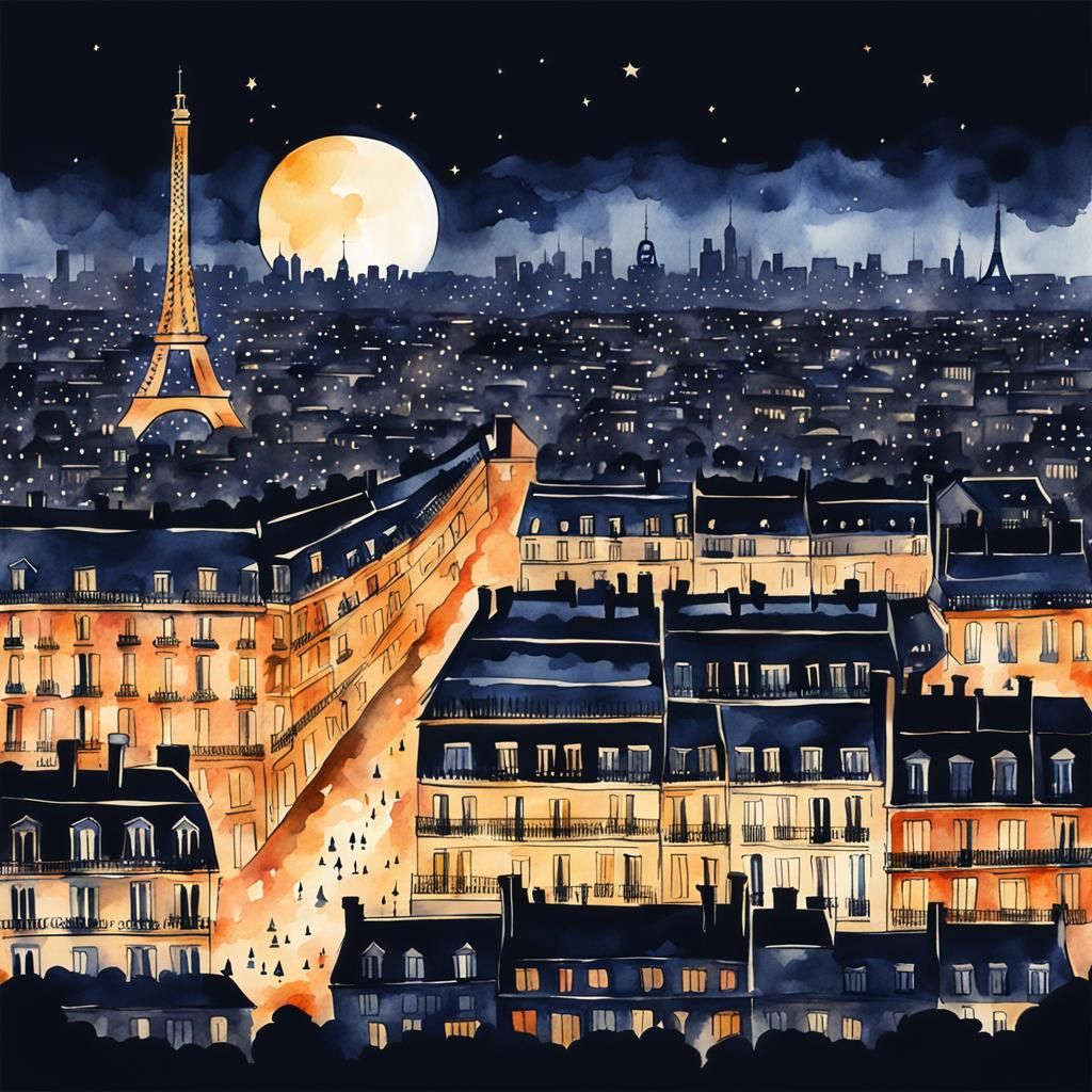 Paris Skyline in Whimsical Watercolor Style