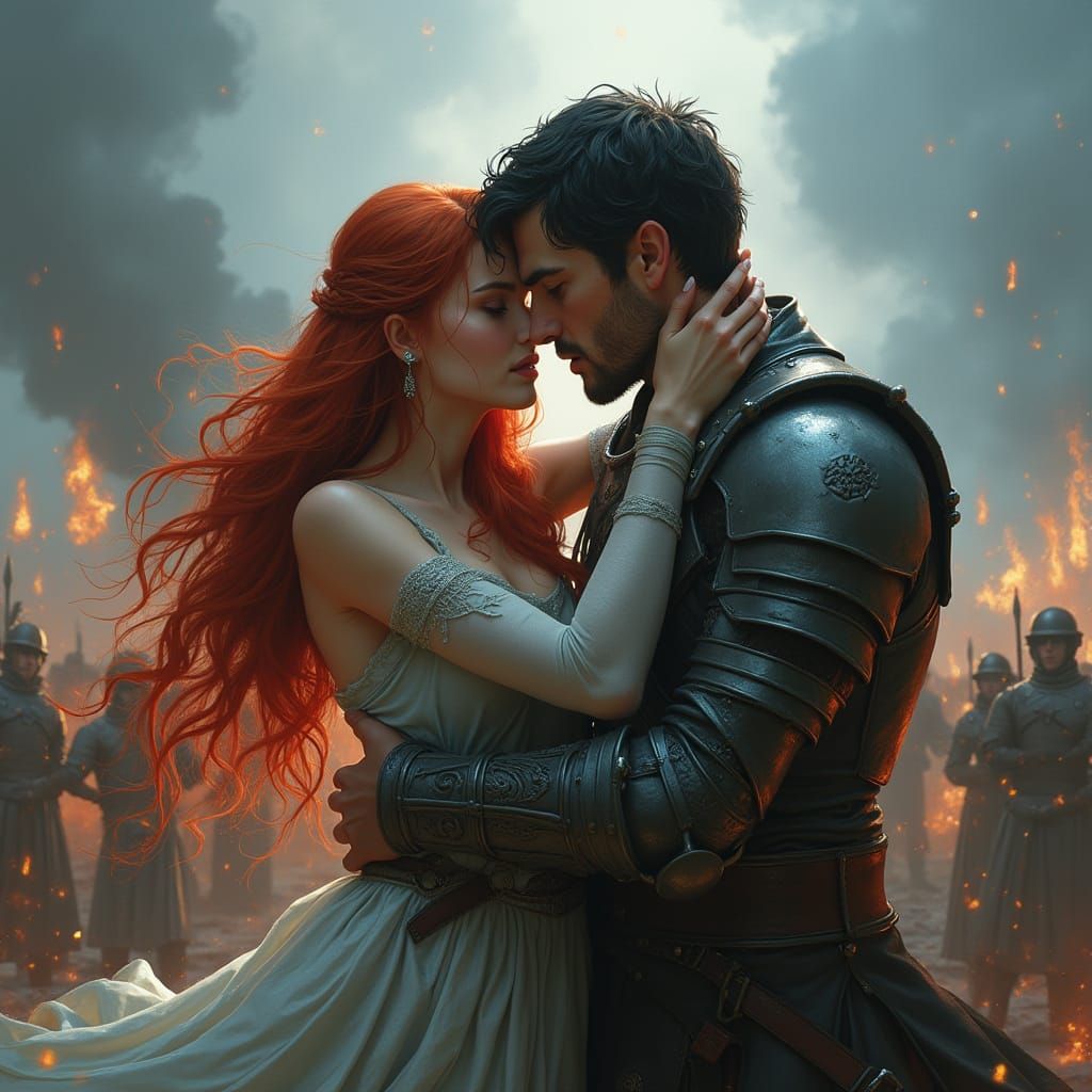 Fantasy Couple in Fiery Battlefield Embrace