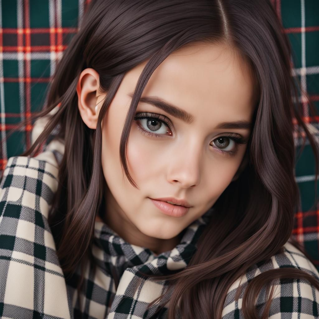 Young Girl with Plaid Pattern Backdrop
