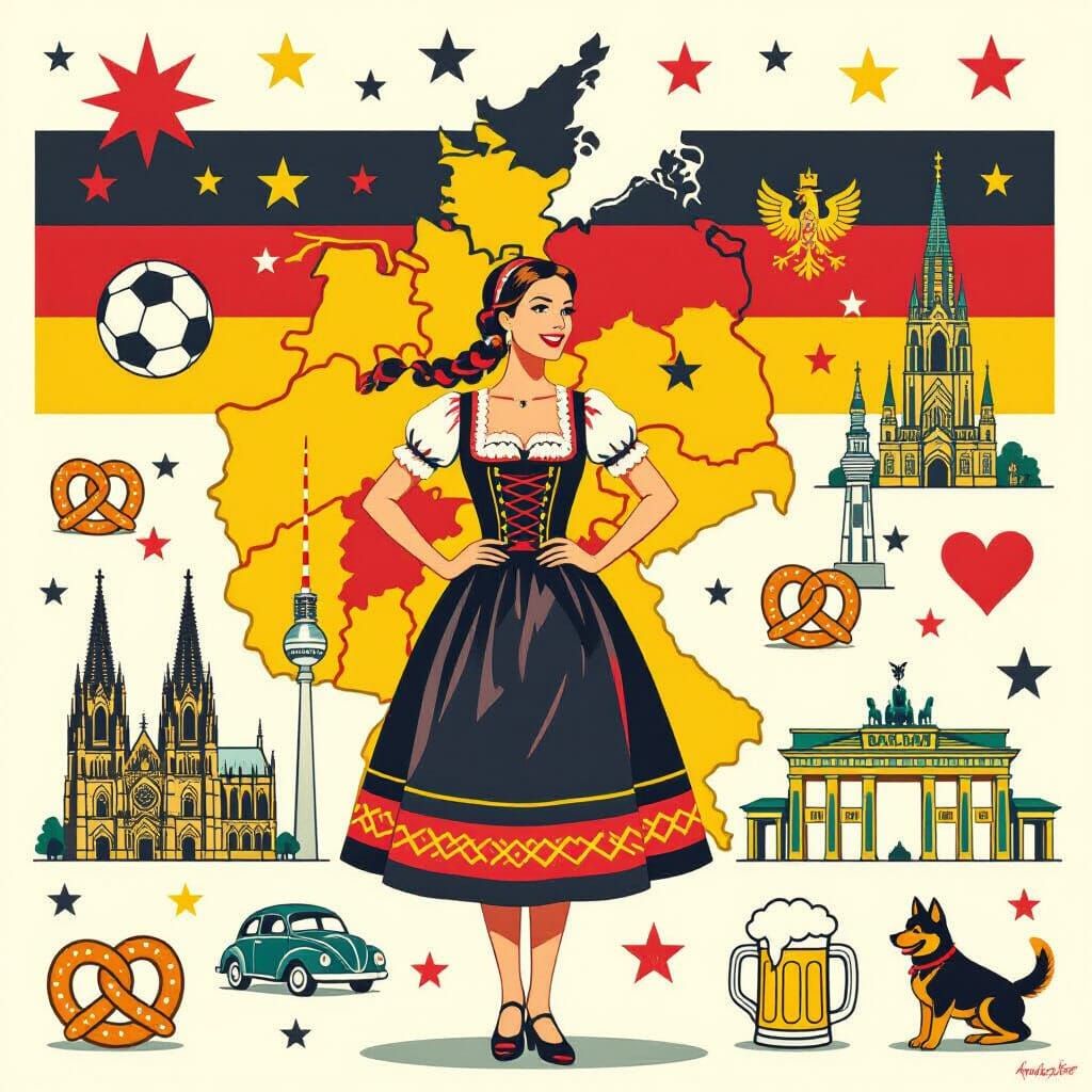 Germany Map with National Symbols in Retro Style