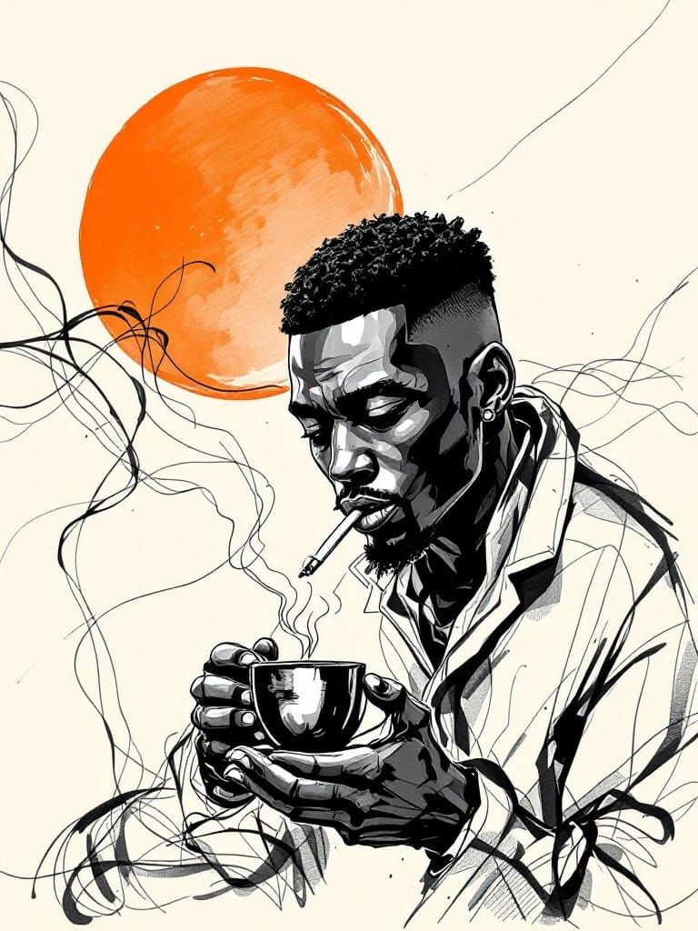 Sumi-e Ink Brush Art: Contemplative Man with Coffee