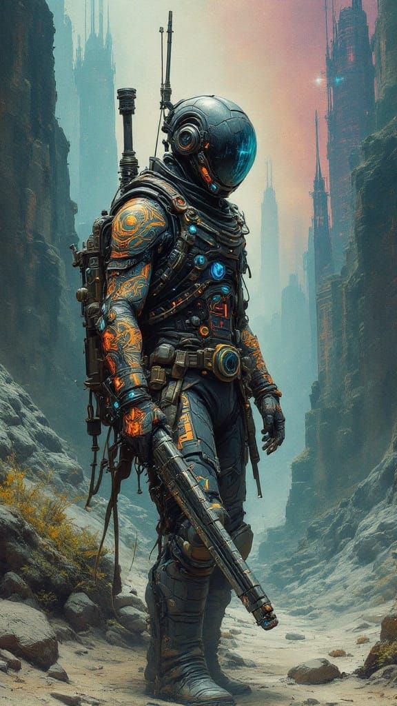 Time-Displaced Engineer in Cyberpunk Gouache Painting