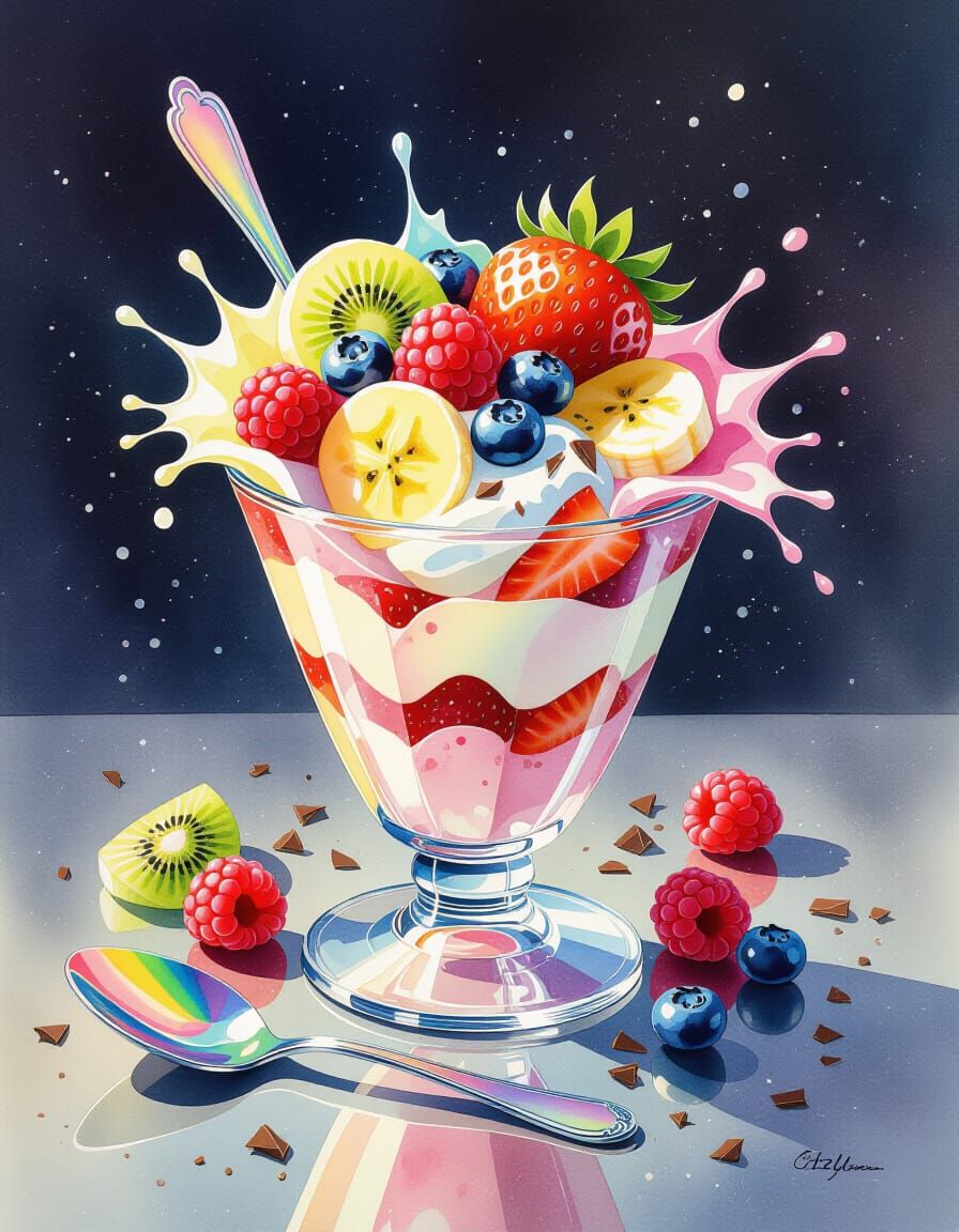 Watercolor Strawberry Kiwi Swirl Parfait with Berries