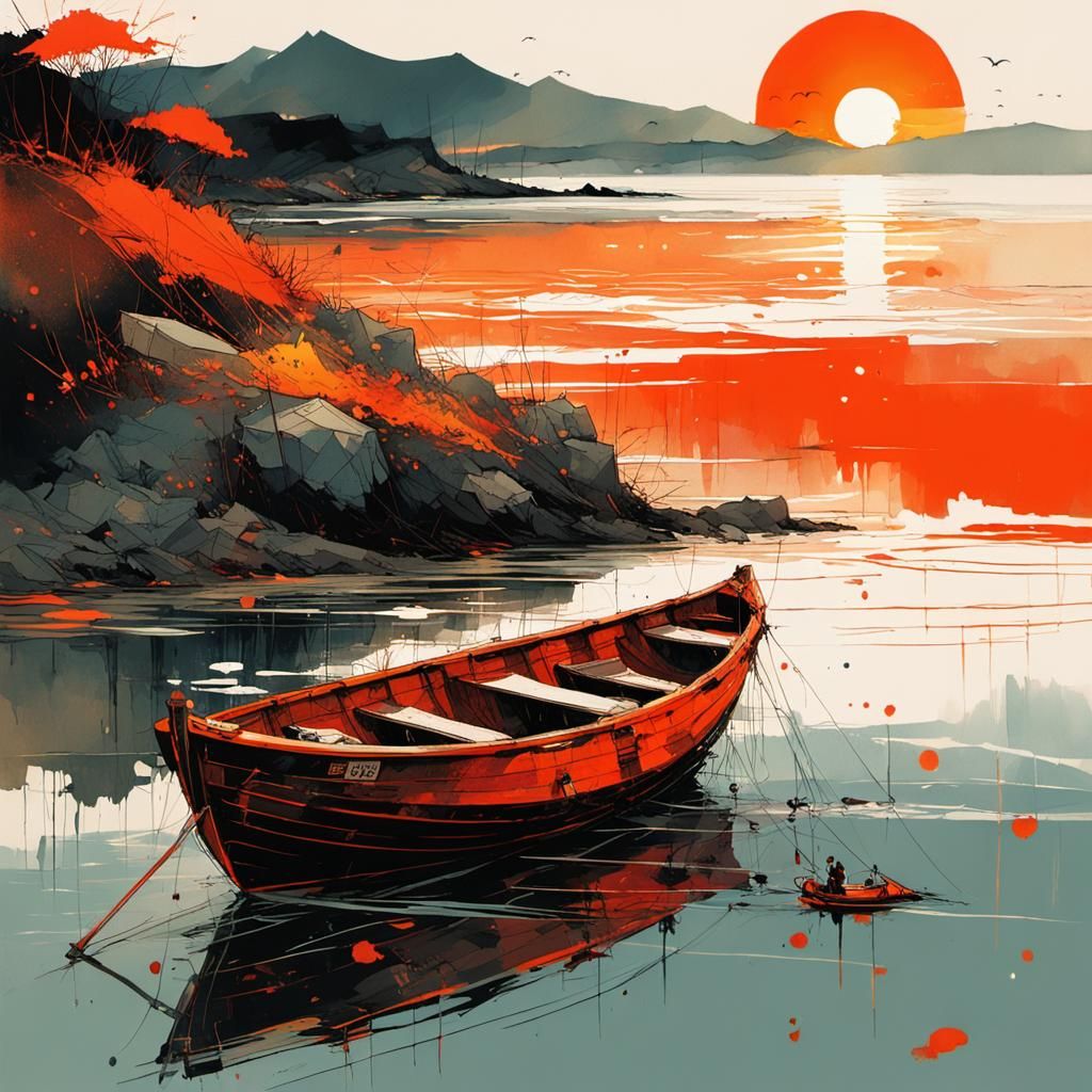 Beach Sunset Sumi-e Style Landscape