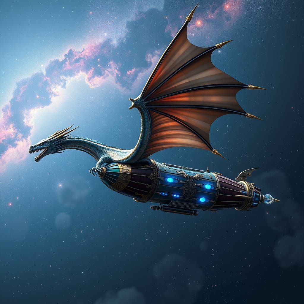Ethereal Dragon Airship Soars Amidst Starry Galaxies in Cine...