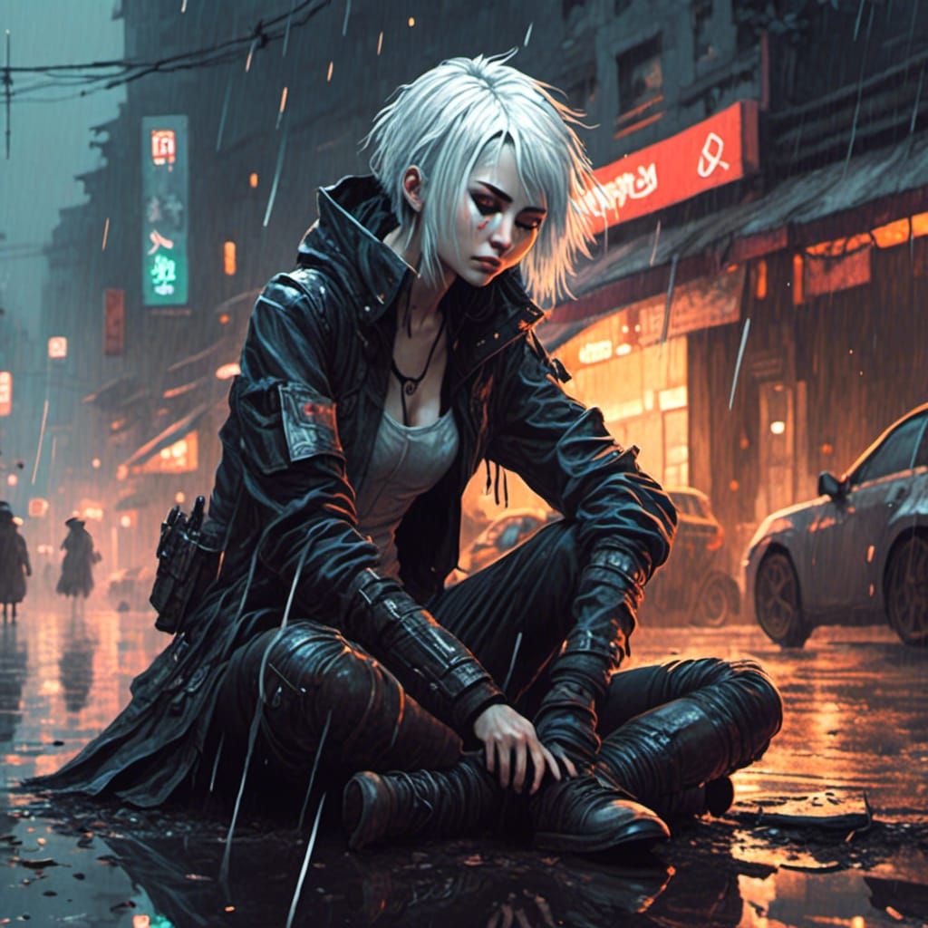 Cyberpunk Woman in Rain, Gothic Art Style