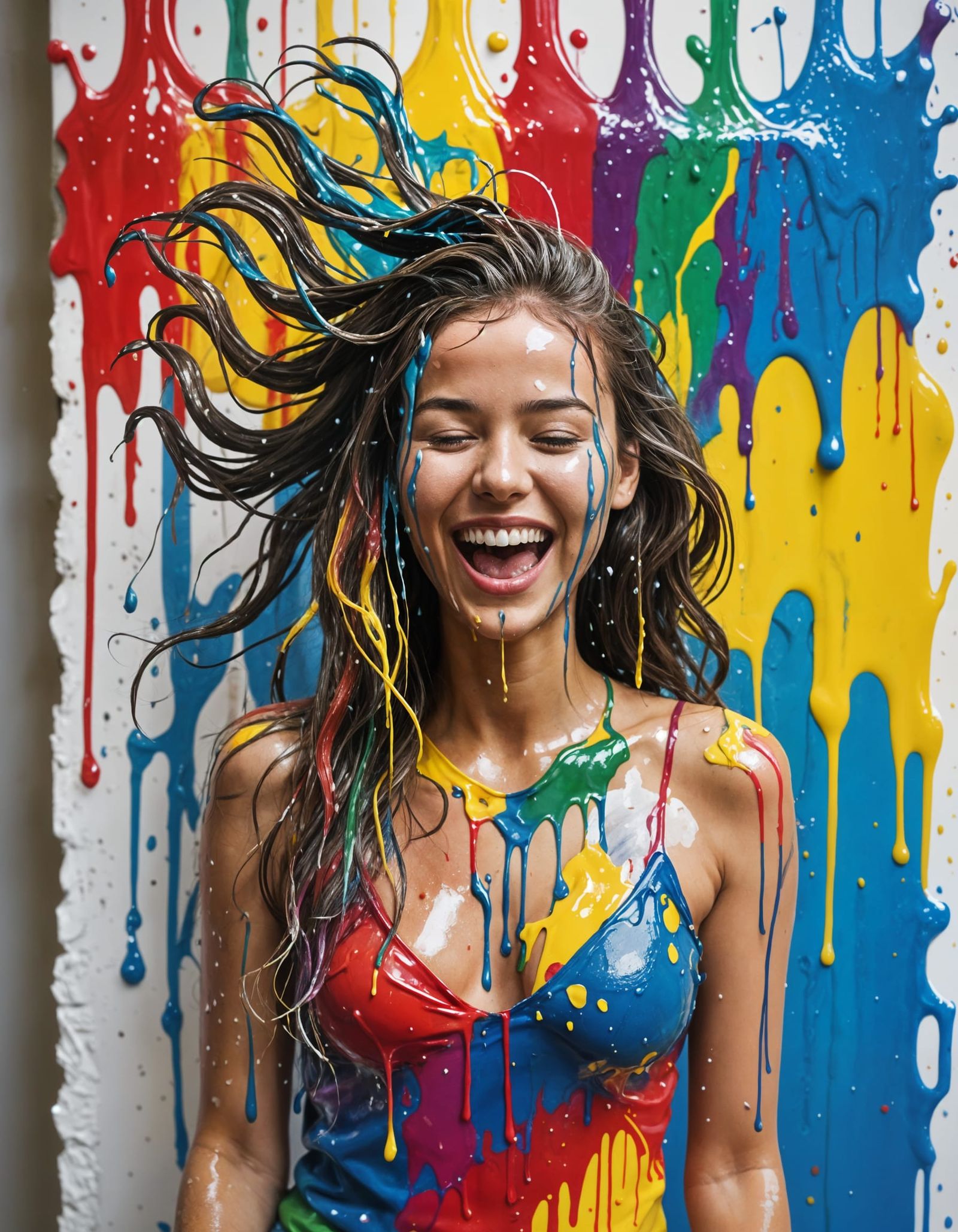 Woman Covered in Wet Dripping Paint Smiling