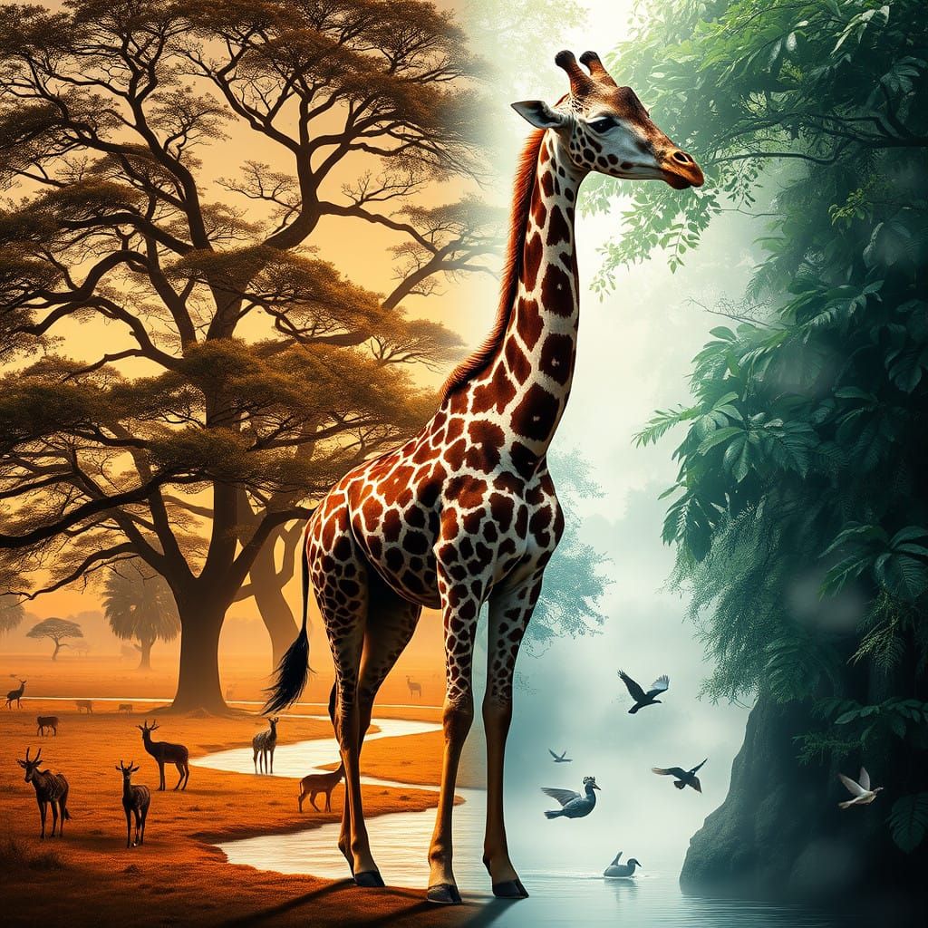 Double Exposure Giraffe Transitions from Serengeti to Rainfo...