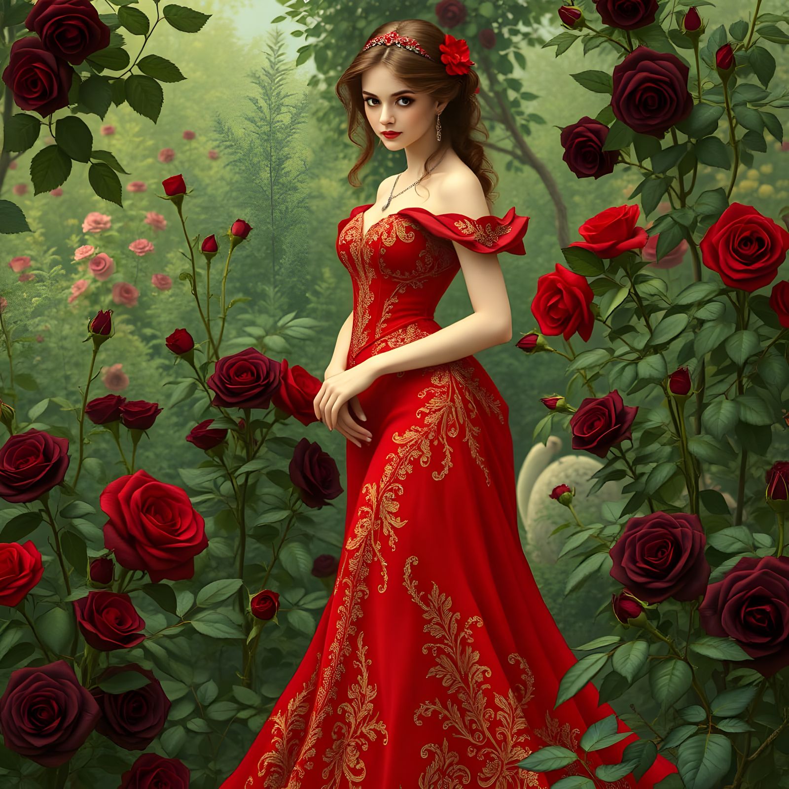 Princess in Red Dress with Black Roses Garden