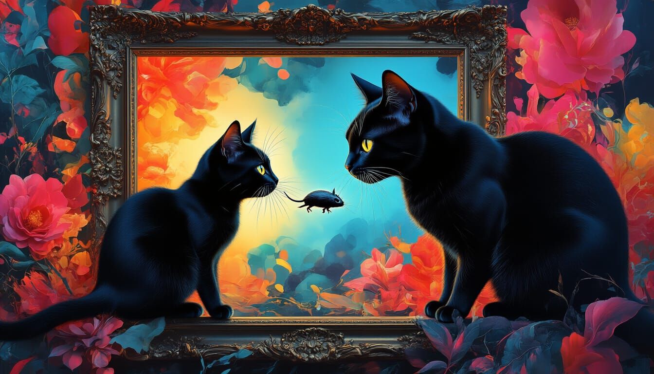 Black Cat Catches Mouse in Surreal Ink Frames