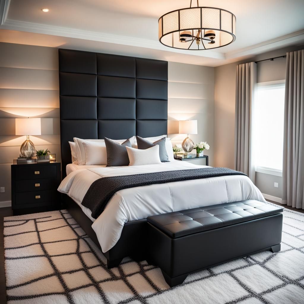 detailed luxury bedroom, plush carpet, black bed, silk sheets, modern decor, Professional photography, bokeh, natural l...