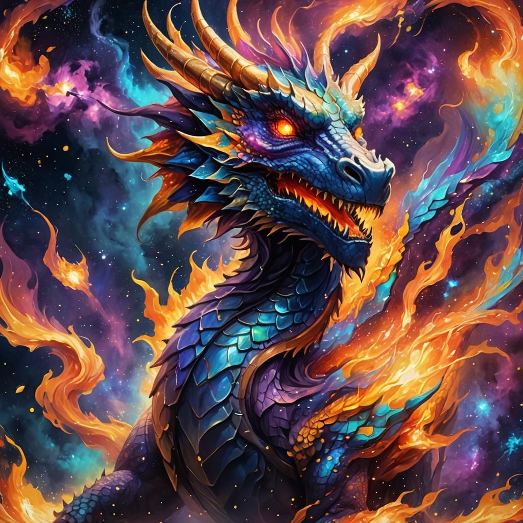 Majestic Galaxy Dragon Exhaling Stars as Oil Painting