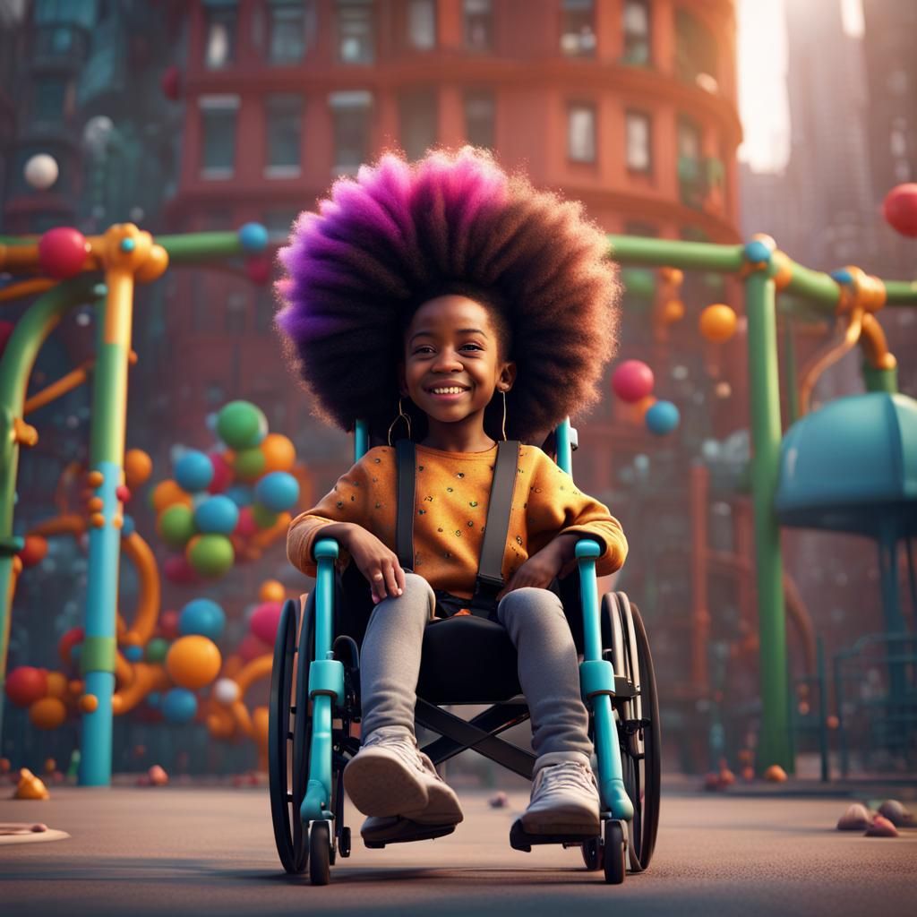 Colorful Playground Scene: Black Girl in Wheelchair