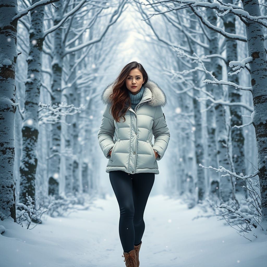 Serenely Walking Winter Woman in Frosty Forest Landscape