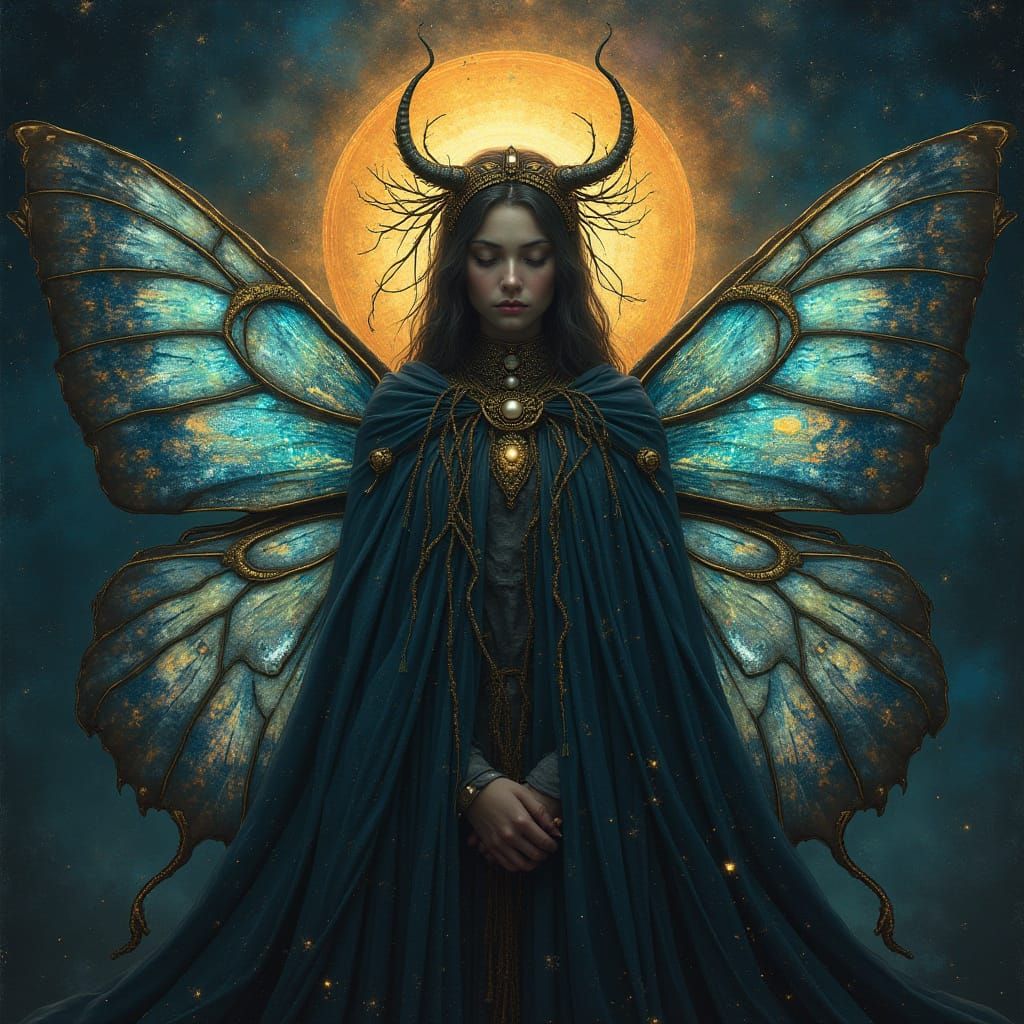 Ethereal Being in Twilight Realm with Iridescent Beetle Wing...
