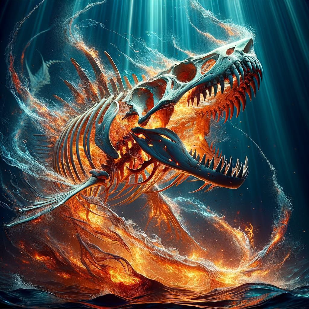 Shark Skeleton Emerges from Fire: Digital Art