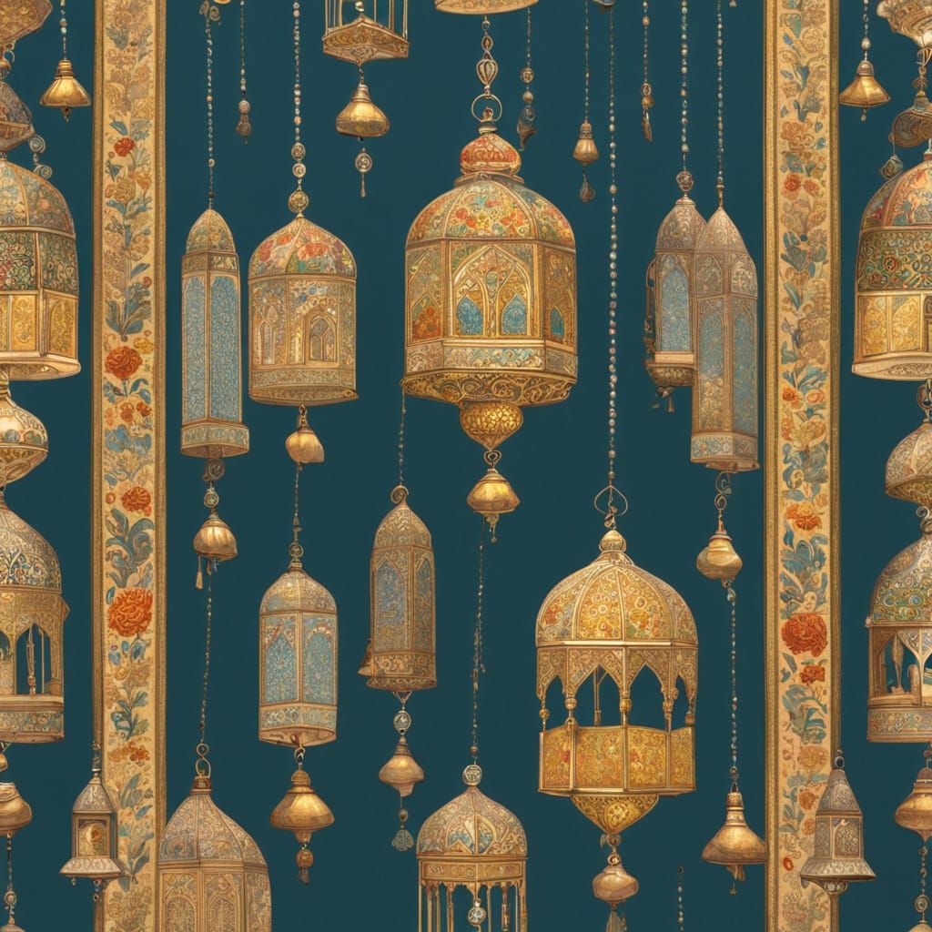 Wind Chimes at Shrine in Qajar Art Style