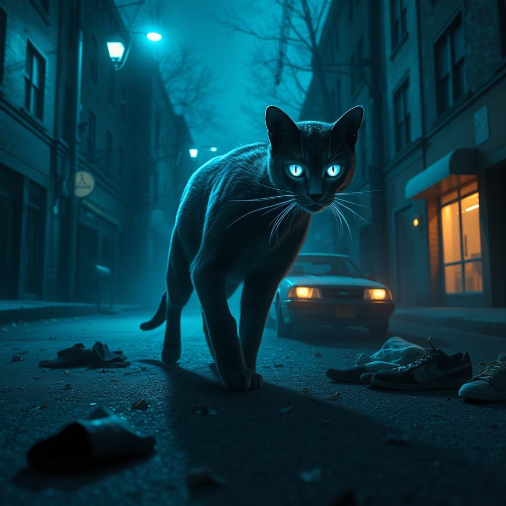 Ethereal Ghost Cat Prowls Abandoned Streets