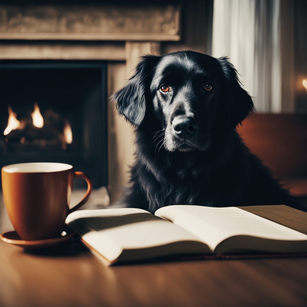Soulful Black Dog by Fireplace: Cozy Autumn Scene