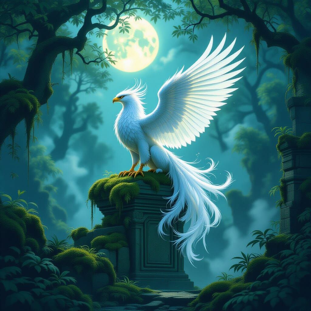 Majestic Griffin on Ancient Ruin Under Ethereal Moonlight