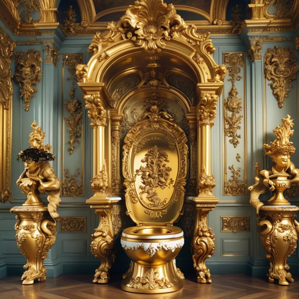 Golden Baroque Toilet Sculpture in Ornate Room