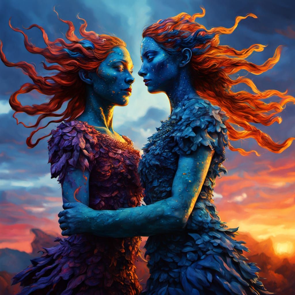 Elemental Nymphs in Surreal Twilight Landscape