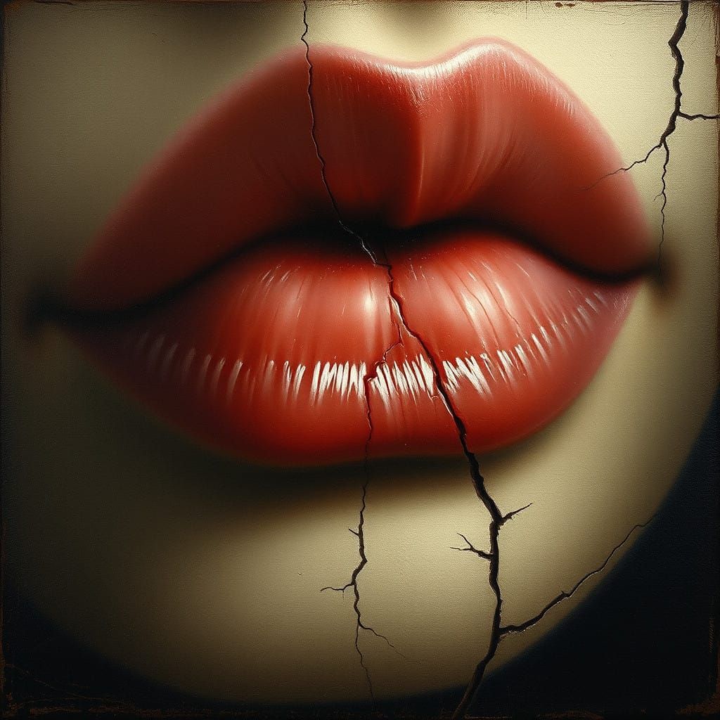 Vintage Oil Painting of Aged Porcelain Lips with Delicate Cr...