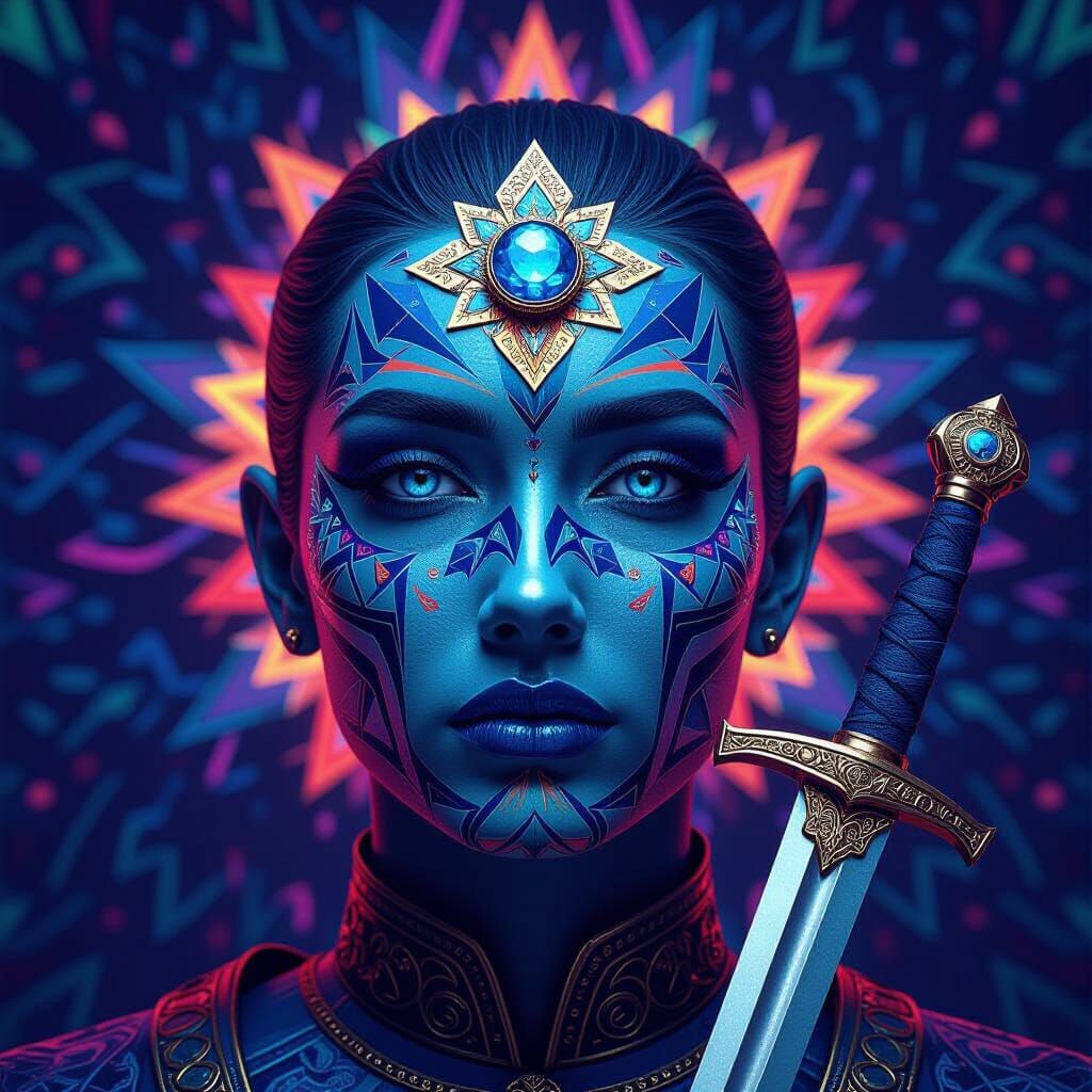 Psychedelic Figure with Sword: A Surreal Visual Experience