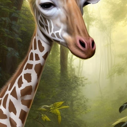 White Giraffe in Fantasy Forest, Detailed Portrait
