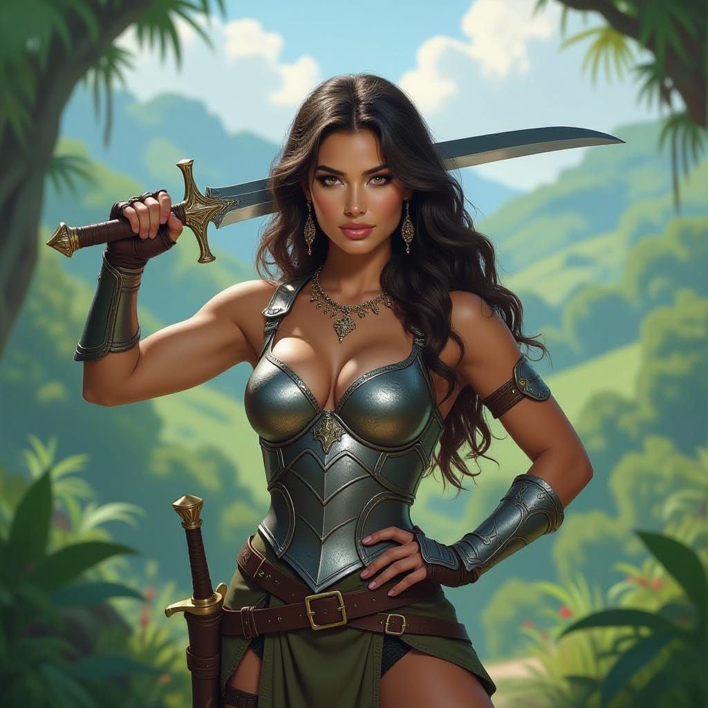 Warrior Woman in Jungle Clearing, Romantic Realism Style
