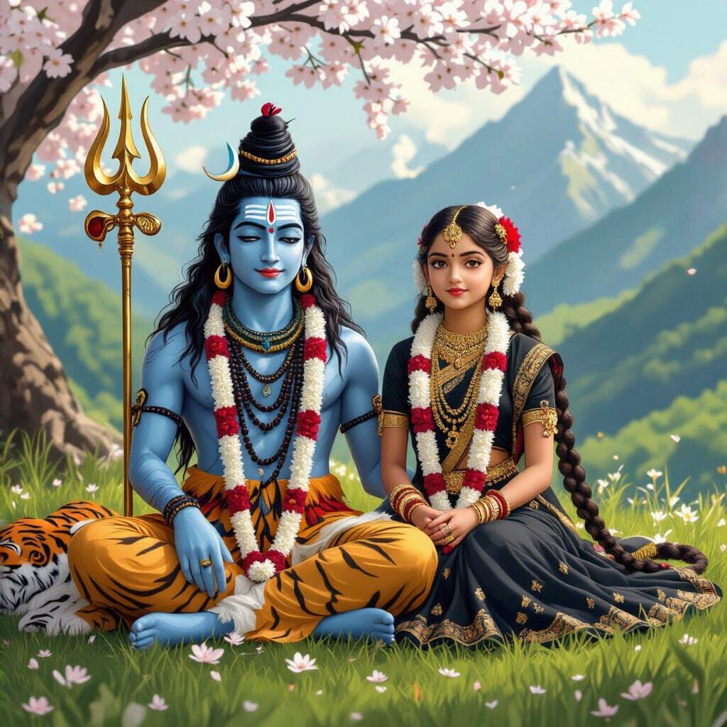 Lord Shiva and Parvati as Children in Divine Landscape