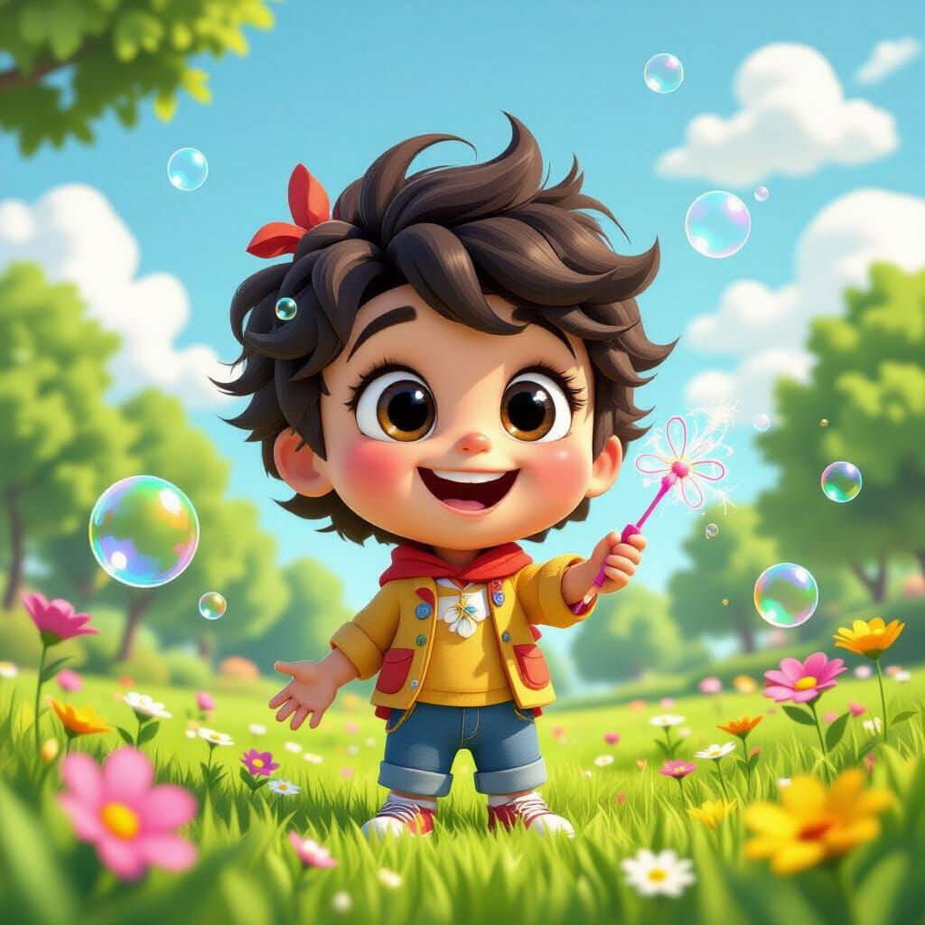 Joyful Cartoon Character Blowing Bubbles in Pixar Style