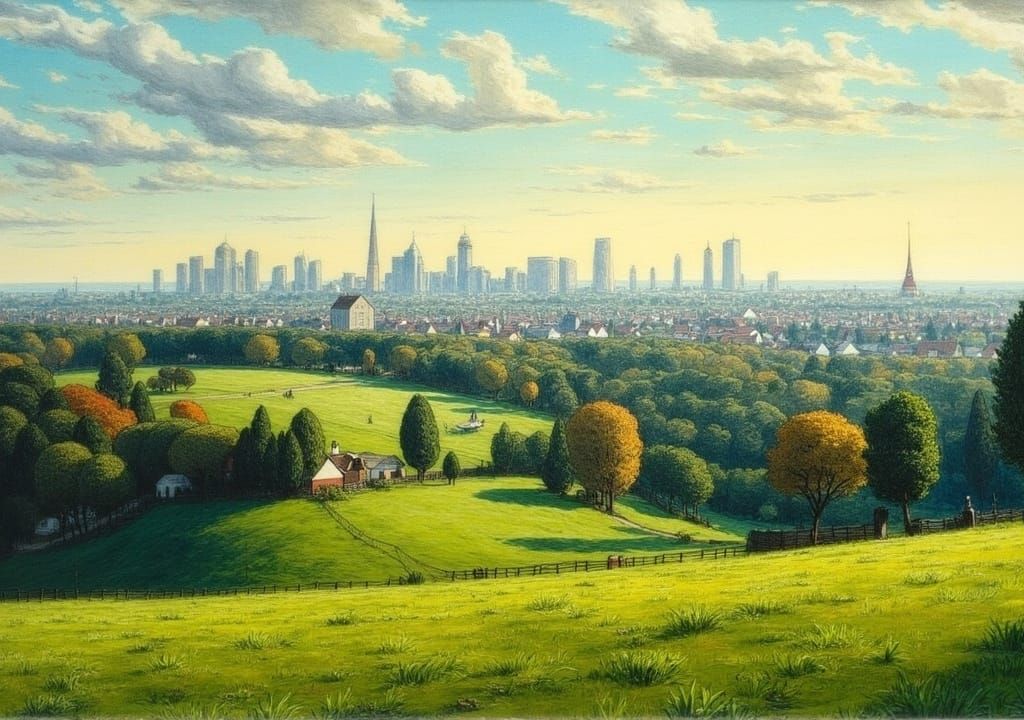 Cityscape View from Hill in Impressionist Style