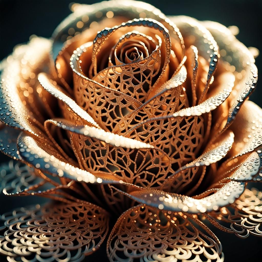 Glowing Metal Lace Rose with Gold Filigree