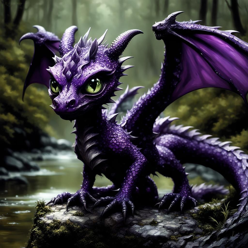 Gothic Baby Dragon in Dark Forest, Detailed Digital Art