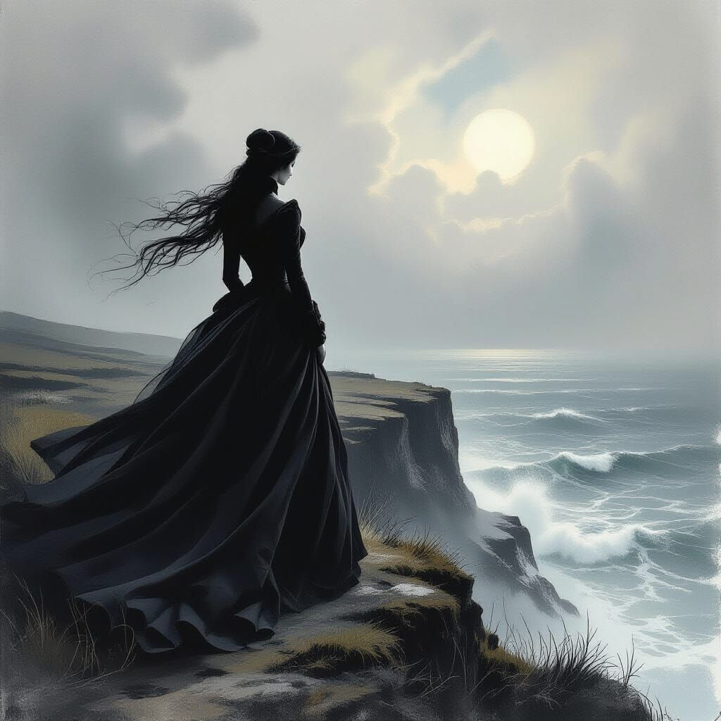 Victorian Woman on Windswept Cliff in Charcoal Sketch Style