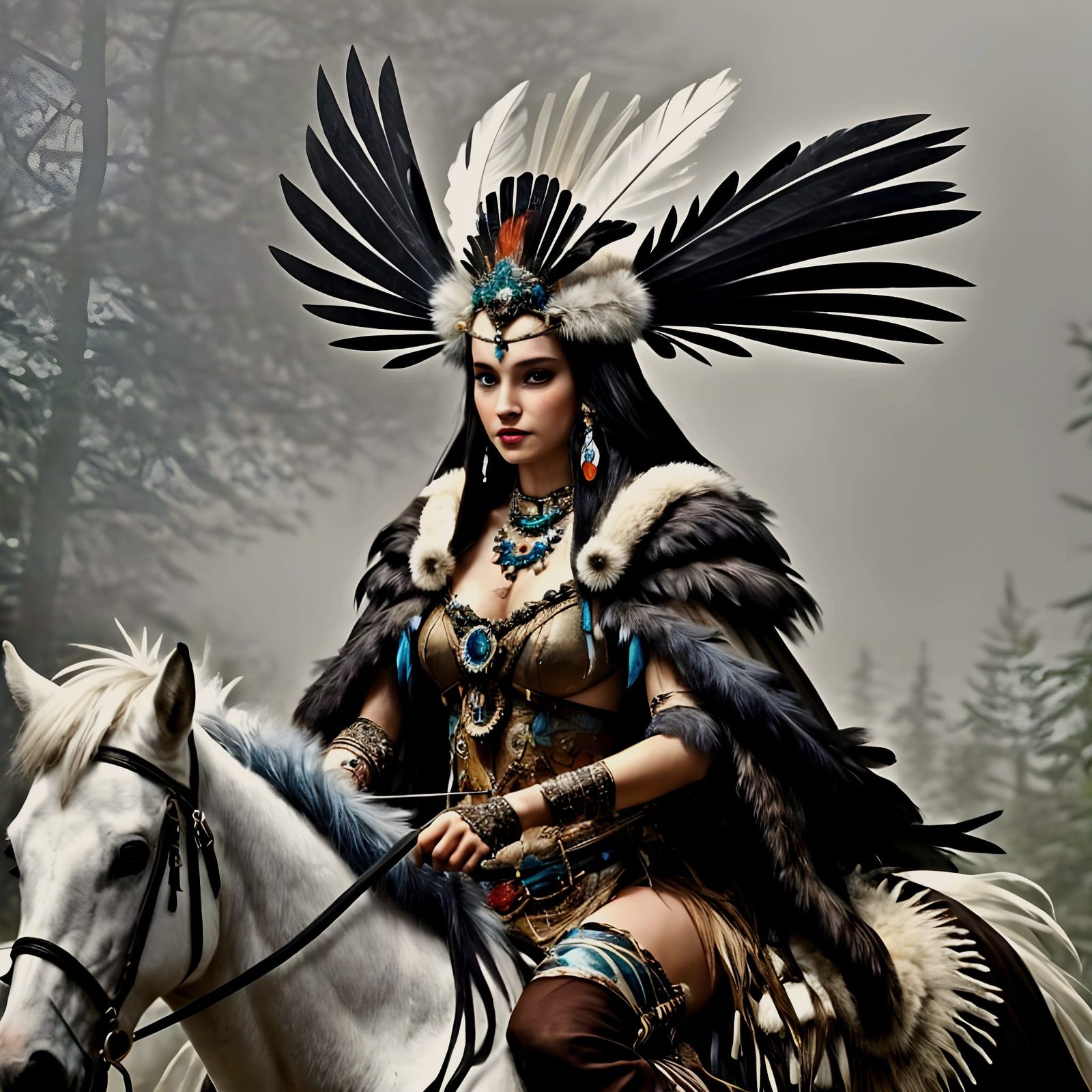 Goddess on White Mare in Feathered Cloak