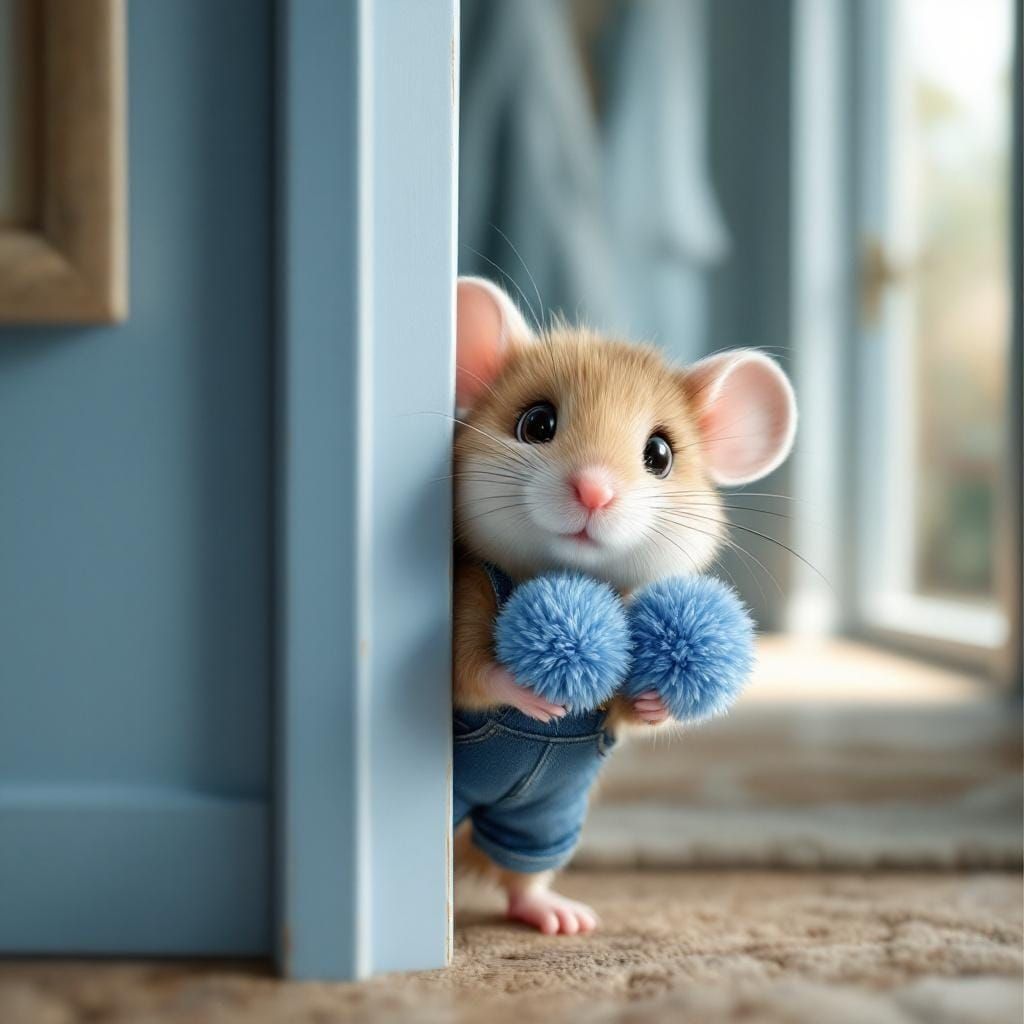 Adorable Mouse with Pom Poms in Cozy Blue House