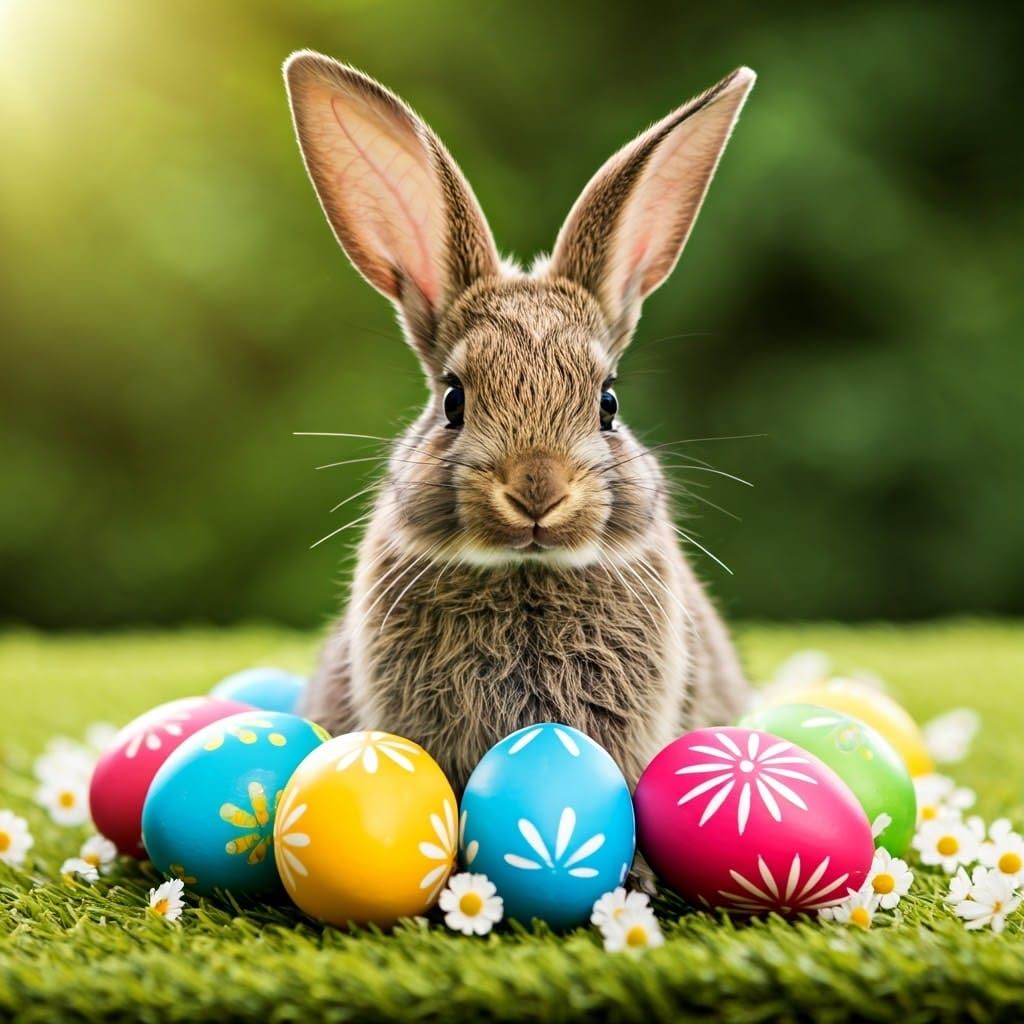 Vintage Easter Bunny in a Garden of Colorful Eggs