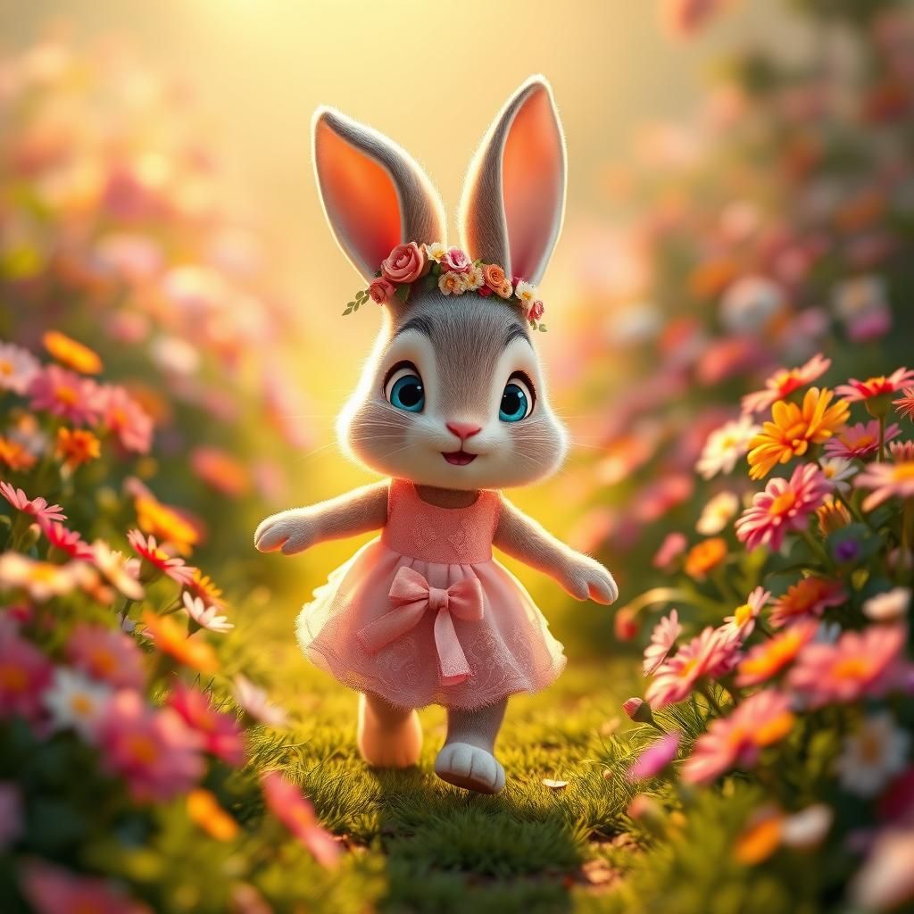 Cartoon Bunny in Garden, Pixar-Style 3D Illustration