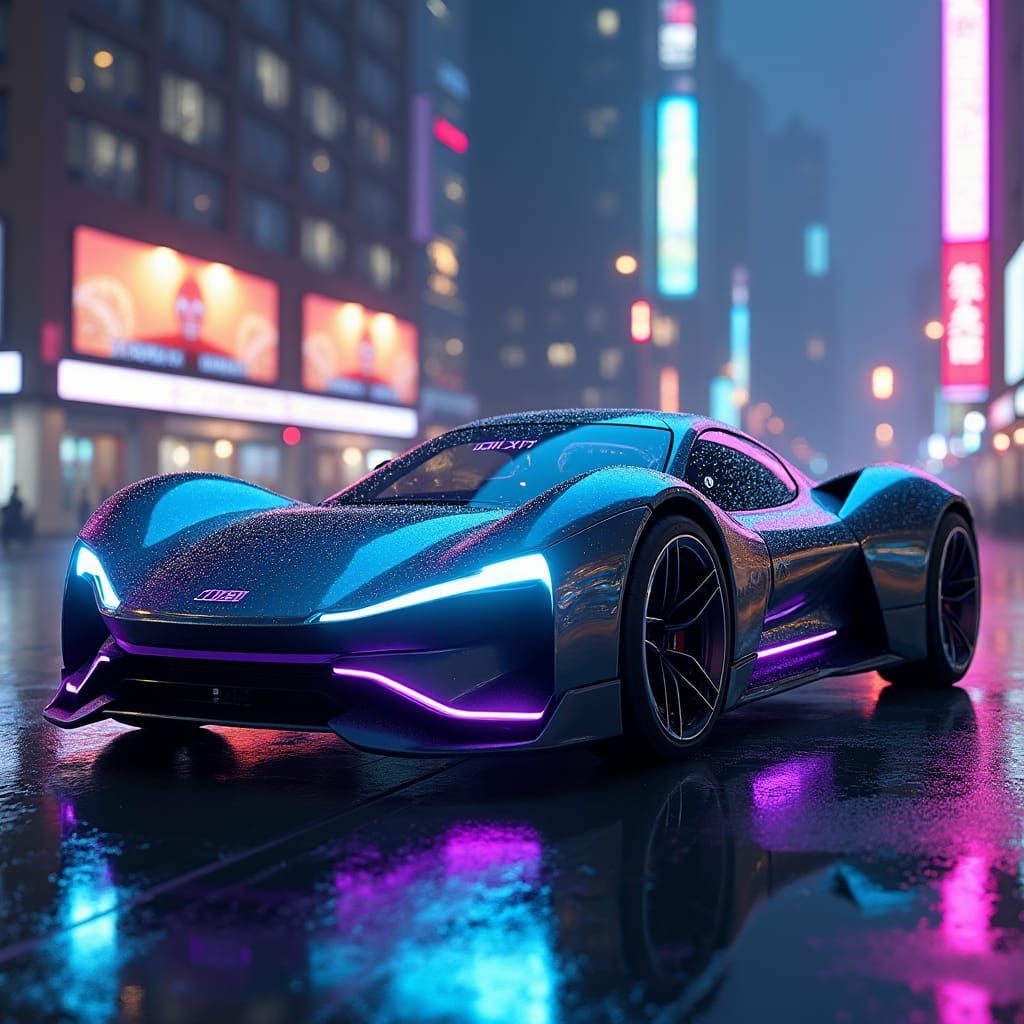 Futuristic Cybernetic Car in Neon City, Digital Art
