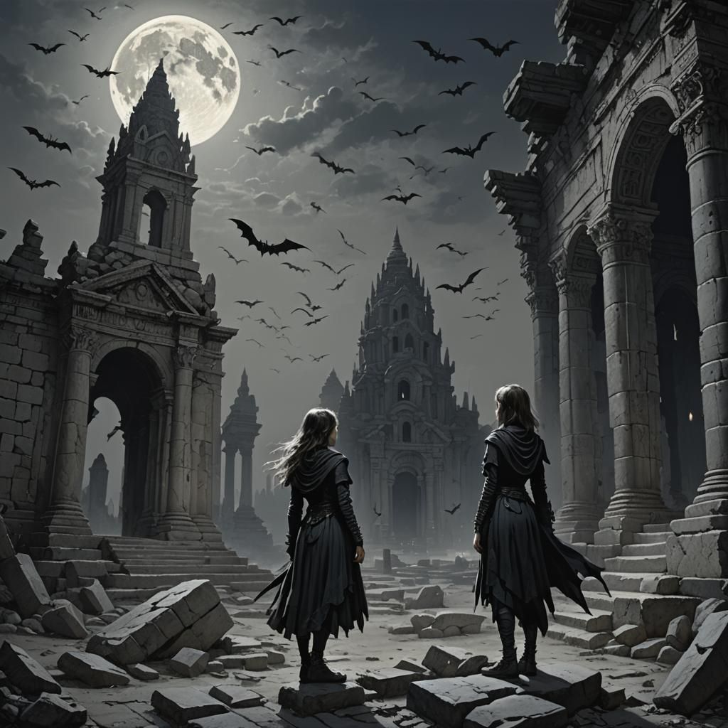 Girl in Temple Ruins Under Moonlight, Horror Style