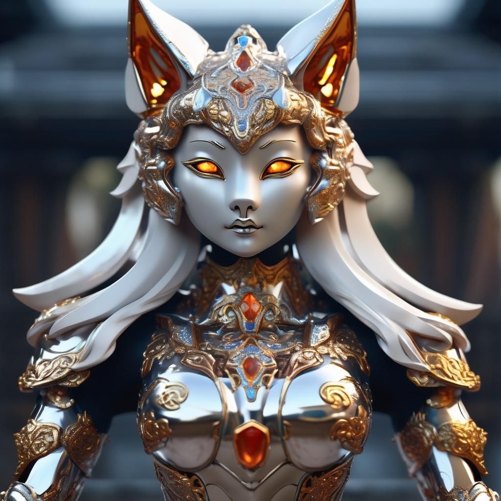 Polished Metal Kitsune statue with gemstones ((human face and body))