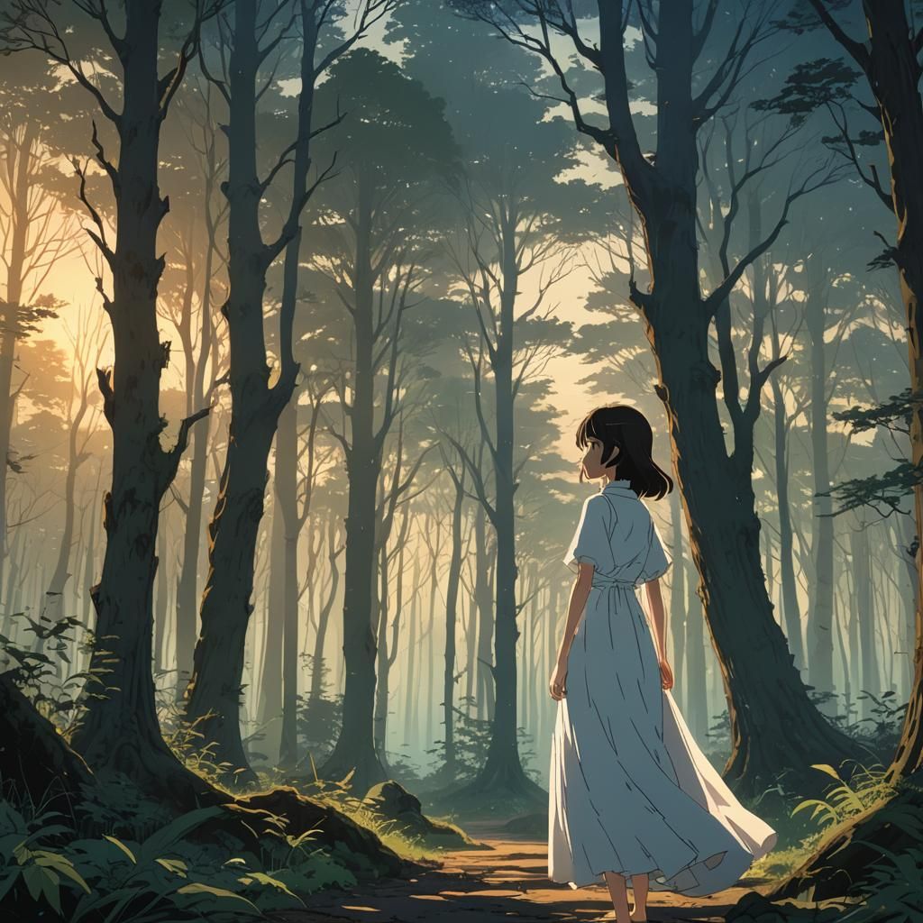 Anime Girl in Haunted Forest at Dusk
