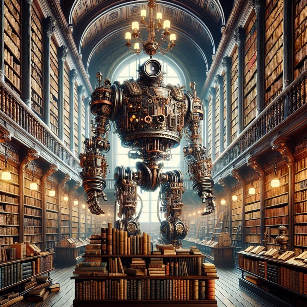 Steampunk Library Scene with Cyborg Robot Stocking Shelves