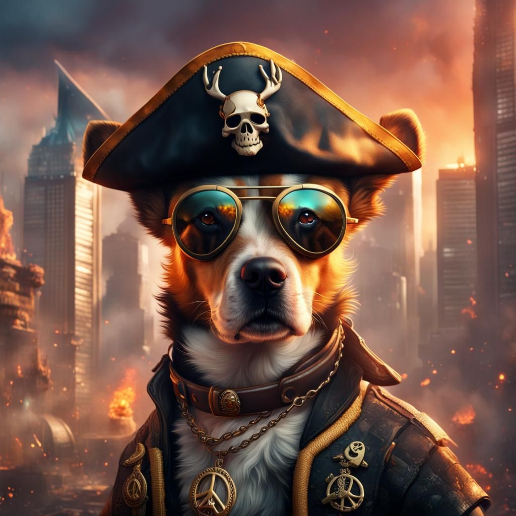 Pirate Dog Portrait in Burning City