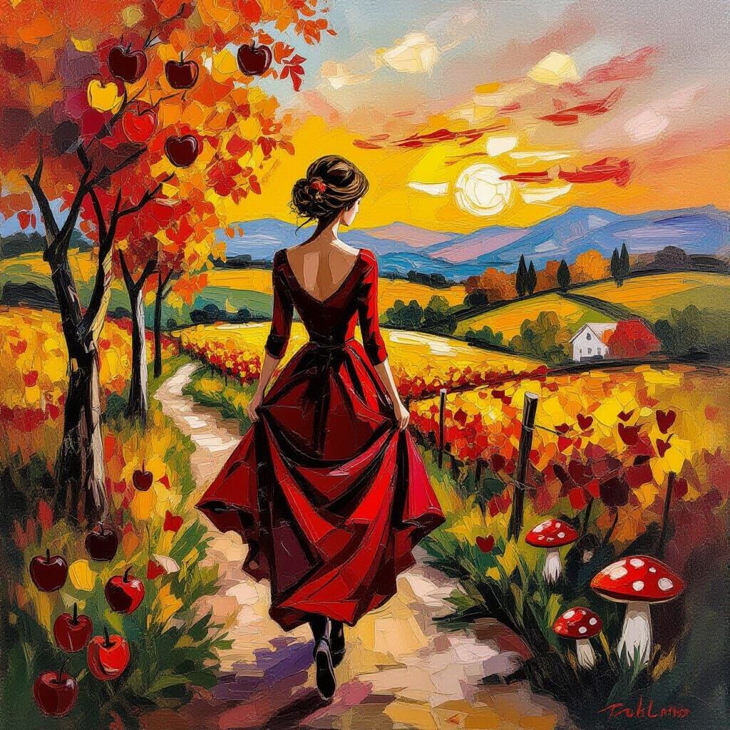 Woman in Autumn Landscape, Impressionist Style