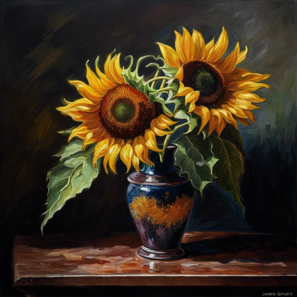 Sunflower in Vase as Impressionism Oil Painting